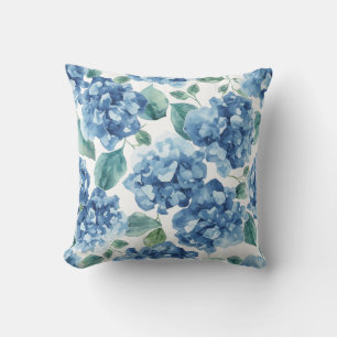 Hydrangea Blues Watercolor Blooms Flower Pattern Throw Pillow