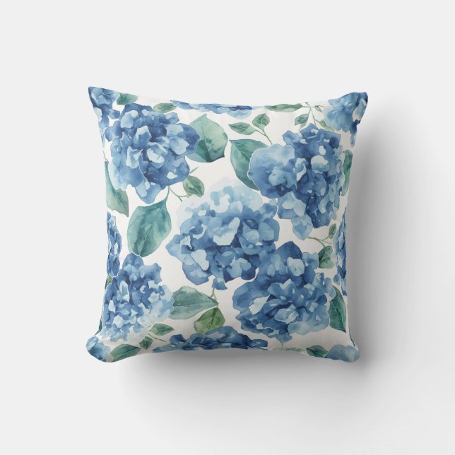 Hydrangea Blues | Watercolor Blooms Flower Pattern Throw Pillow (Front)