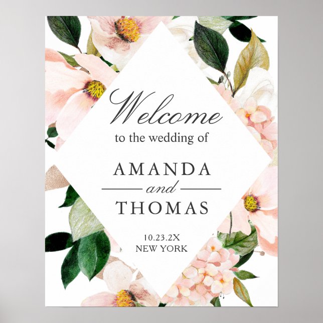 Hydrangea Blush Pink Floral Wedding Welcome Sign (Front)
