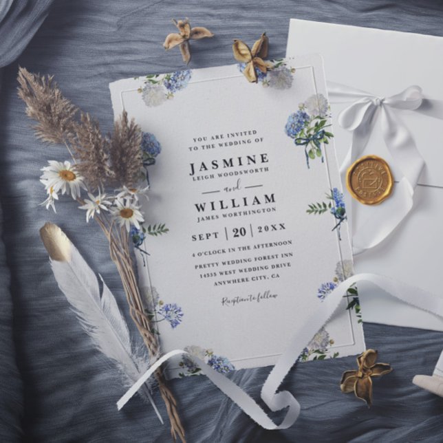 Hydrangea Bouquet Blue Elegant Modern Wedding Invitation (Creator Uploaded)