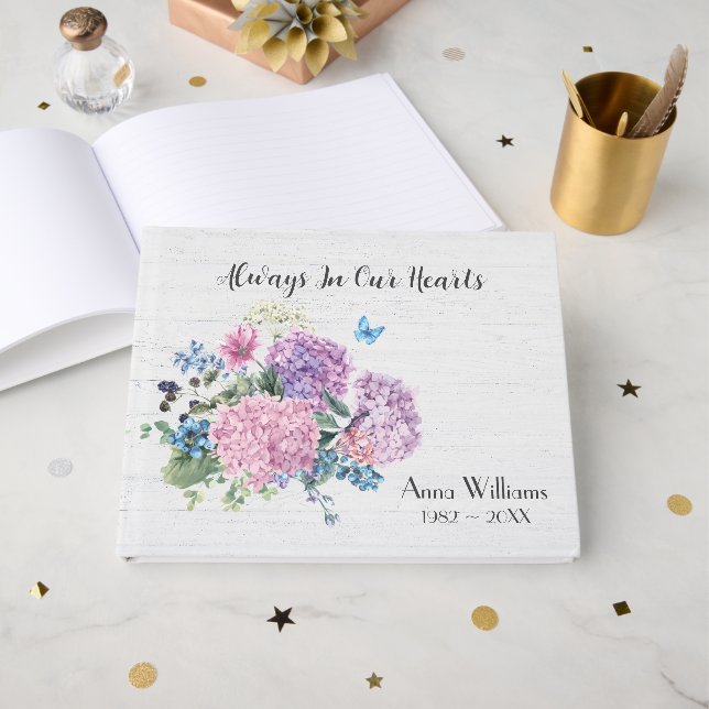 Hydrangea Bouquet On Whitewashed Wood  Guest Book (Front Open)