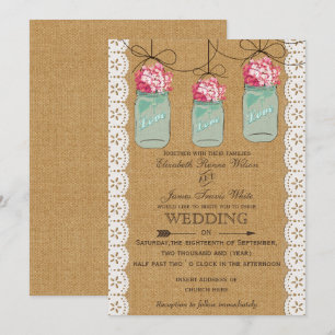hydrangea burlap Rustic mason jar wedding Invitation