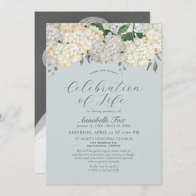 Hydrangea Celebration of Life Funeral Memorial Invitation (Front/Back)