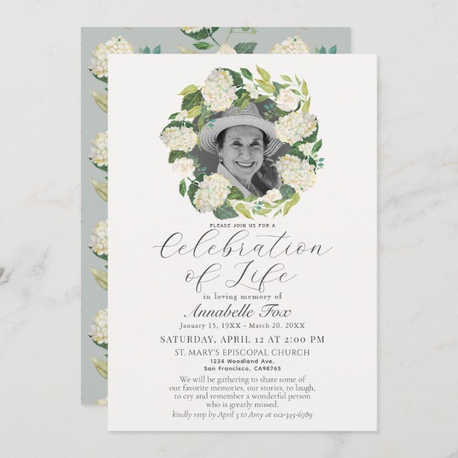Hydrangea Celebration of Life Funeral Memorial Invitation (Front/Back)