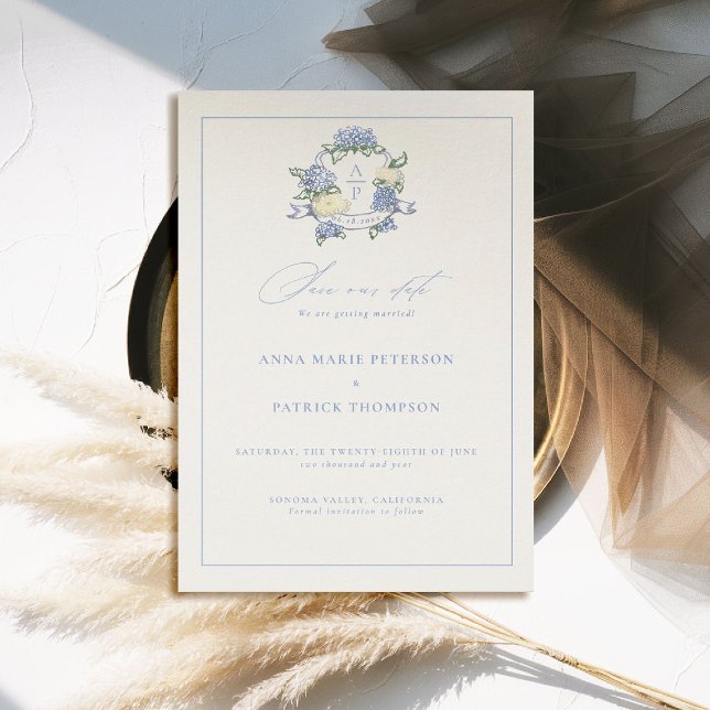 Hydrangea Crest Periwinkle Blue Elegant Wedding Save The Date (formal wedding save the date modern classic traditional frame hydrangea crest old money blue )