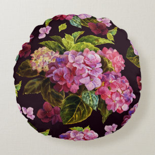 Hydrangea, dark, seamless floral pattern. round pillow