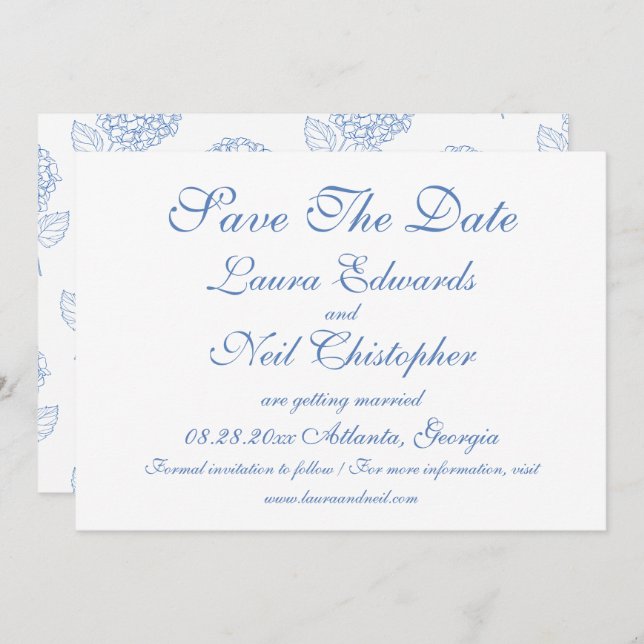 Hydrangea Dusty Blue Floral Modern Wedding Save The Date (Front/Back)