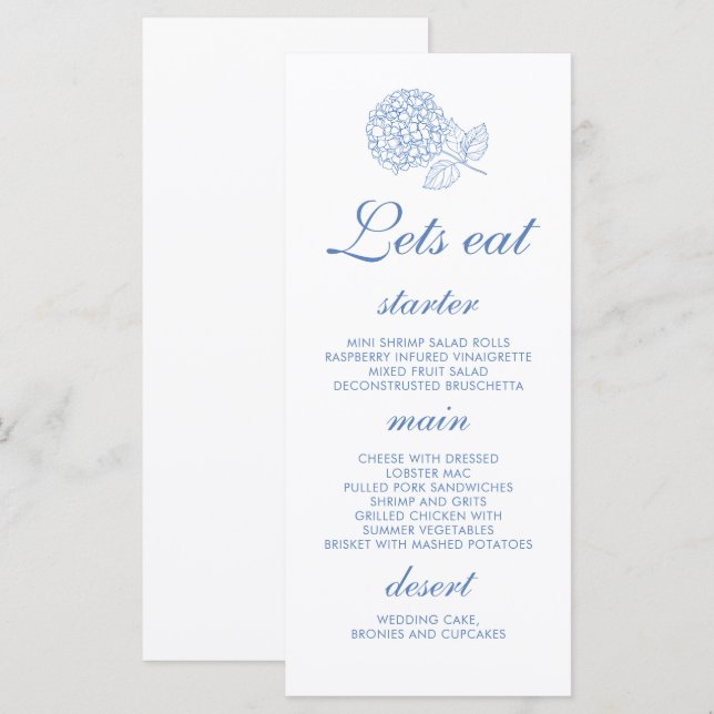 Hydrangea Dusty Blue Floral Wedding Menu (Front/Back)