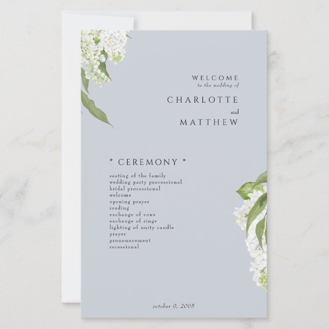 Hydrangea Dusty Blue Wedding Program (Front)