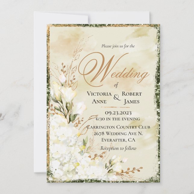 Hydrangea Elegant White Gold Green Floral Wedding Invitation (Front)