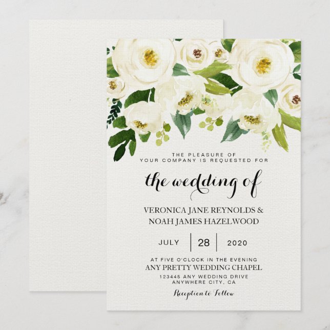 Hydrangea Elegant White Gold Rose Floral Wedding I Invitation (Front/Back)