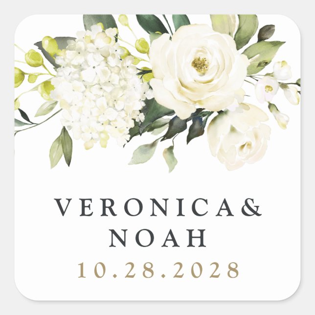 Hydrangea Elegant White Gold Rose Floral Wedding Square Sticker (Front)