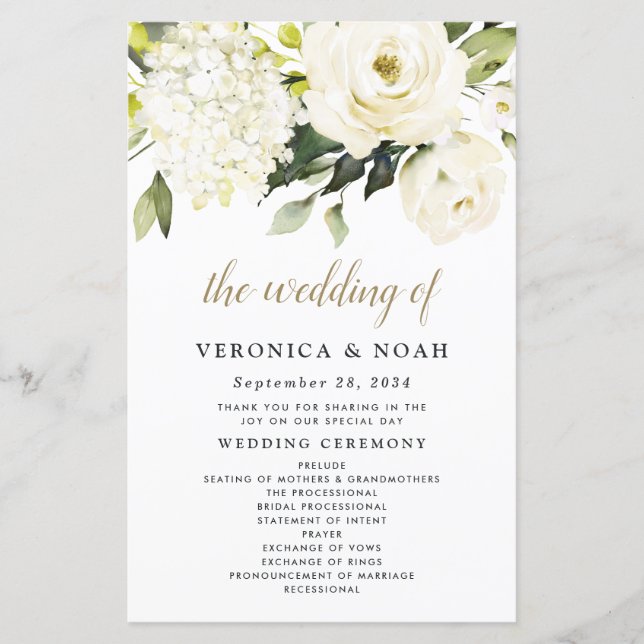 Hydrangea Elegant White Gold Rose Wedding Programs (Front)