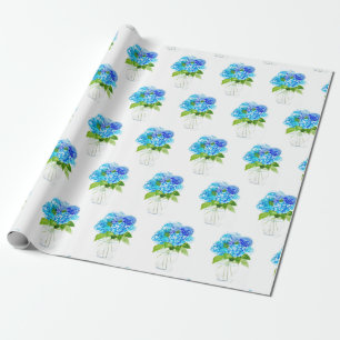 Hydrangea floral Blue Flowers Watercolor Rustic Wrapping Paper