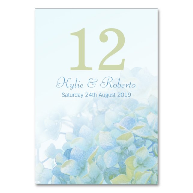 Hydrangea floral blue green wedding table numbers (Back)