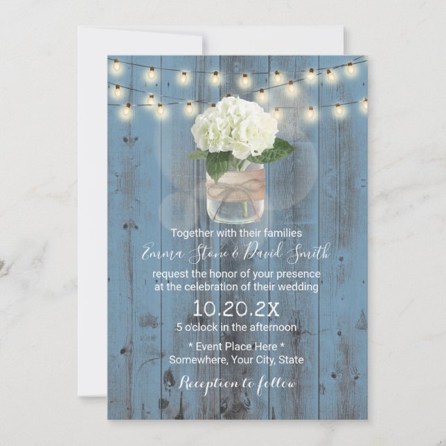 Hydrangea Floral Jar Dusty Blue Barn Wood Wedding Invitation (Front)