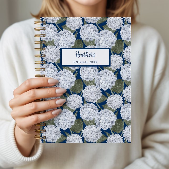 Hydrangea Floral Personalized Journal Notebook (Hydrangea Garden Navy Notebook)