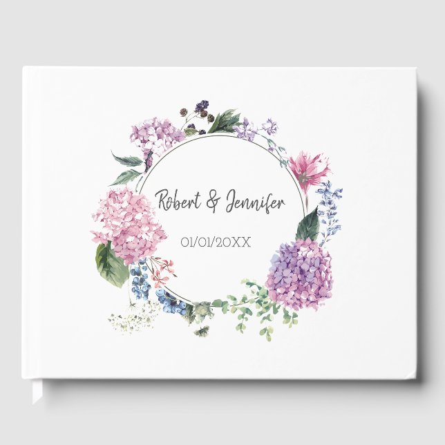 Hydrangea flower wreath wedding themed guest book (Front)