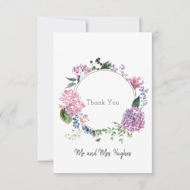 Hydrangea flower wreath wedding themed Thank You Card (Front)