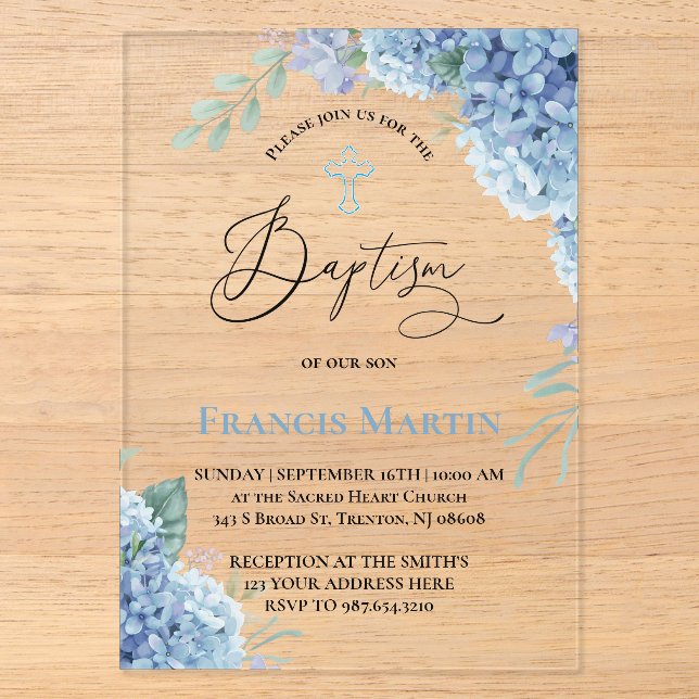 Hydrangea flowers Baptism Acrylic Invitations (Front)