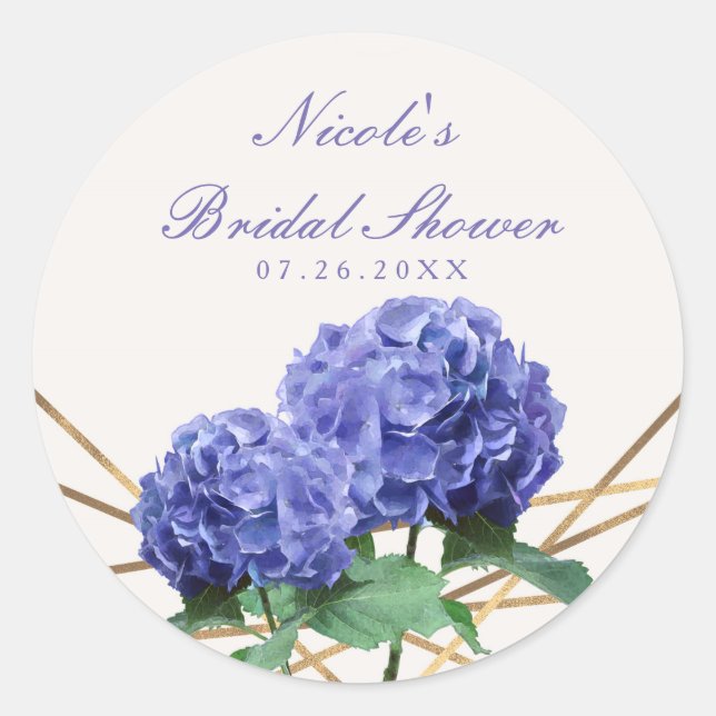 Hydrangea Flowers & Gold Lines Elegant Favour Classic Round Sticker (Front)