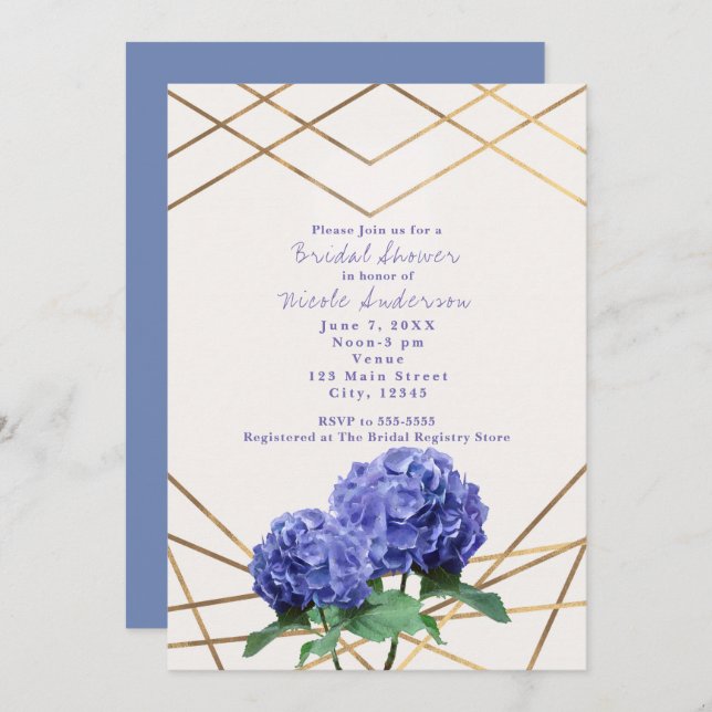 Hydrangea Flowers & Gold Lines Elegant Invitations (Front/Back)