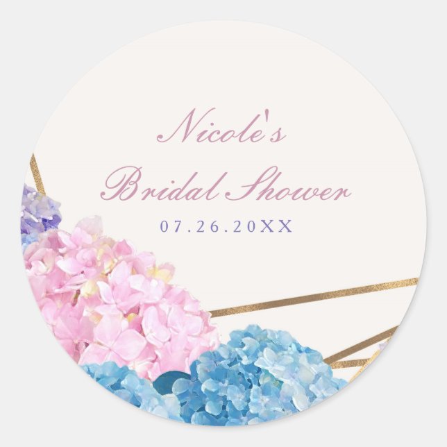 Hydrangea Flowers & Gold Spring Wedding Favour Classic Round Sticker (Front)