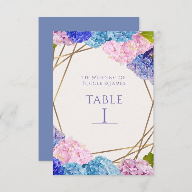 Hydrangea Flowers & Gold Wedding Table Number Card (Front/Back)