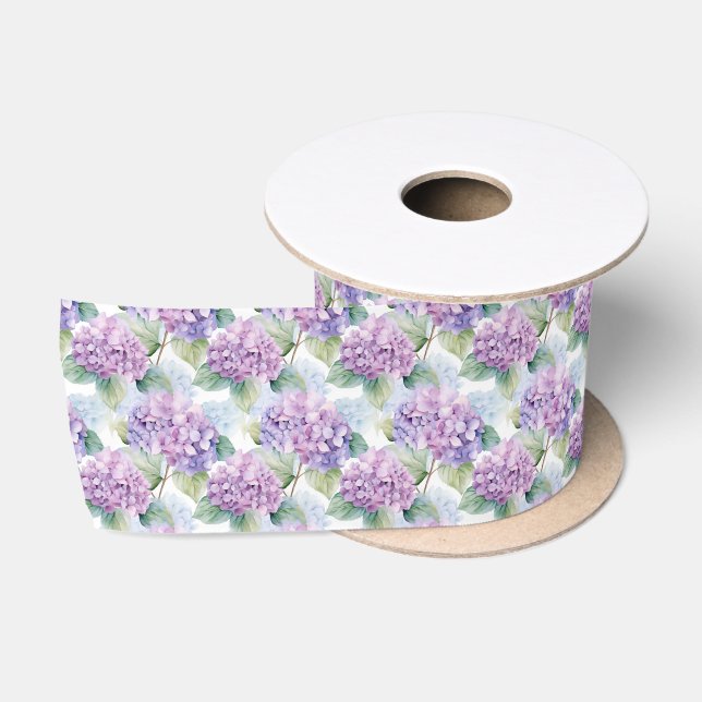 Hydrangea Flowers Lilac Blue Cream Floral Pattern  Satin Ribbon (Spool)