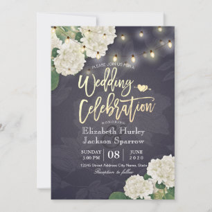 Hydrangea Flowers String Lights Navy Blue Wedding Invitation