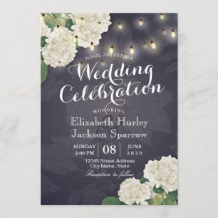 Hydrangea Flowers String Lights Navy Blue Wedding Invitation