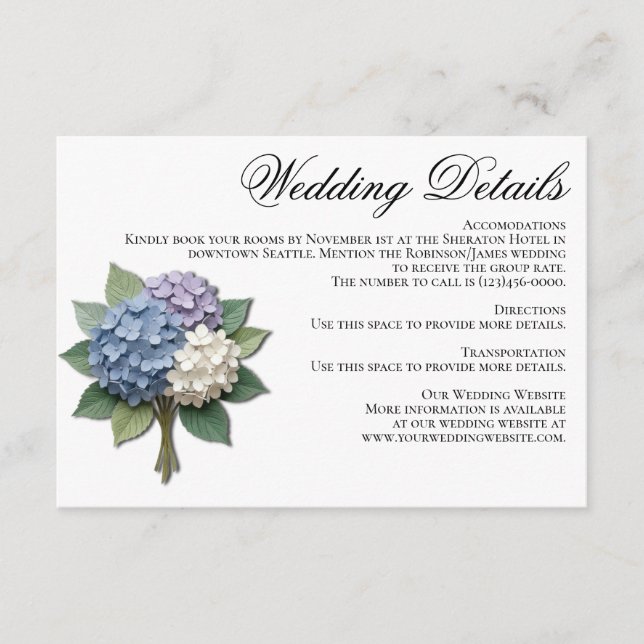 Hydrangea Flowers Wedding Details Card (Front)