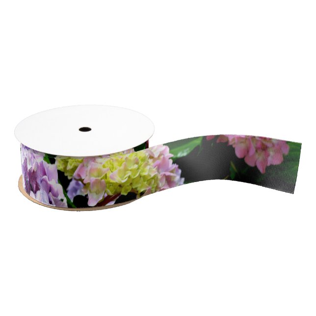 Hydrangea garden, pink, blue, purple floral grosgrain ribbon (Spool)