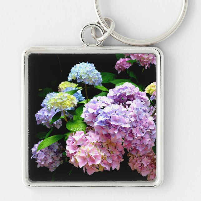 Hydrangea garden, pink, blue, purple floral keychain (Front)
