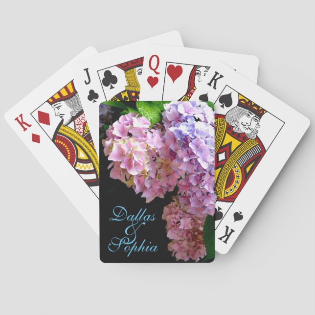 Hydrangea garden, pink, blue, purple floral playing cards (Back)