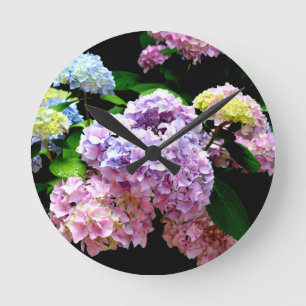 Hydrangea garden, pink, blue, purple floral round clock