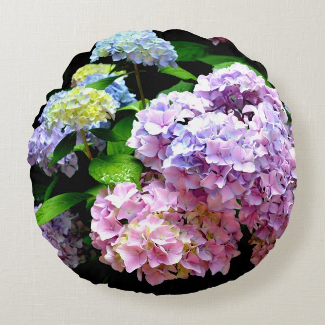 Hydrangea garden, pink, blue, purple floral round pillow (Front)