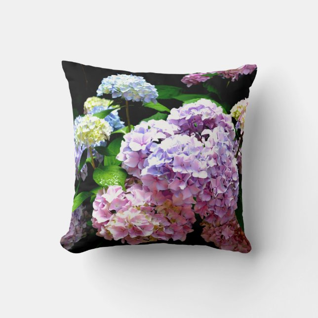 Hydrangea garden, pink, blue, purple floral throw pillow (Front)