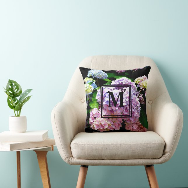 Hydrangea garden, pink, blue, purple floral throw pillow (Chair)
