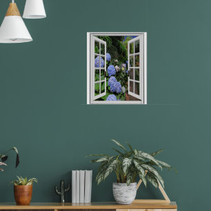 Hydrangea Garden View Fake Window Poster