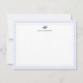 Hydrangea Gingham Border Personalized Stationery Card