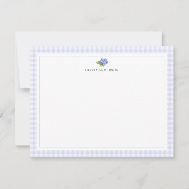 Hydrangea Gingham Border Personalized Stationery Card (Front)