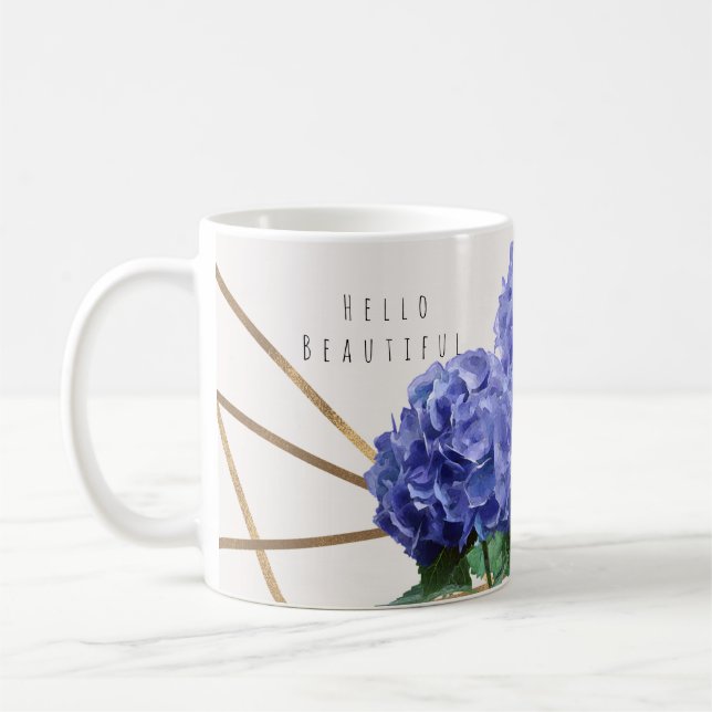Hydrangea & Gold Elegant Floral Personalized Coffee Mug (Left)