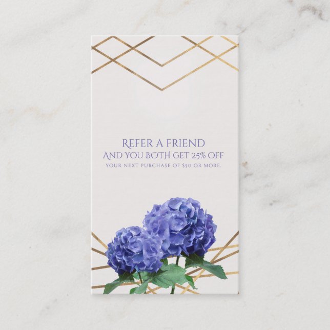 Hydrangea & Gold Elegant Floral Refer a Friend Referral Card (Front)