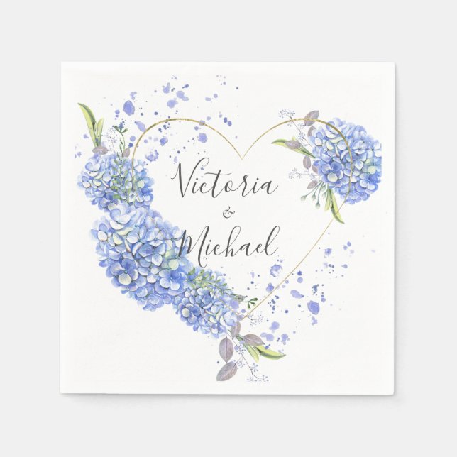 Hydrangea Gold Heart  Watercolor Wedding  Napkin (Front)
