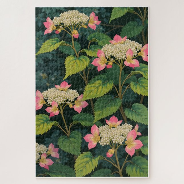 Hydrangea Harmony – Retro Japanese Floral JiPuzzle Jigsaw Puzzle (Vertical)