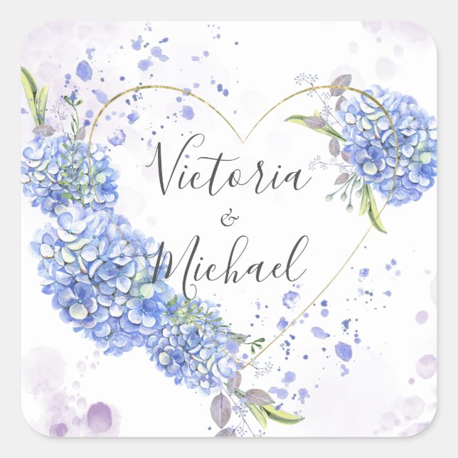 Hydrangea Heart Personalized Names Wedding  Square Sticker (Front)