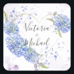 Hydrangea Heart Personalized Names Wedding  Square Sticker<br><div class="desc">Blue & lavender hydrangea gold heart surrounding your choice of names make this the perfect addition to any envelope seal,  decorating sticker,  gift wrapping seal or favour bag seal.  Purple watercolor splashes accent the background.  Just lovely. Perfect for your wedding or special occasion.</div>