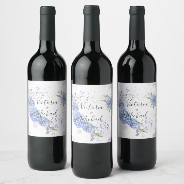 Hydrangea Heart Personalized Names Wedding  Wine Label (Bottles)