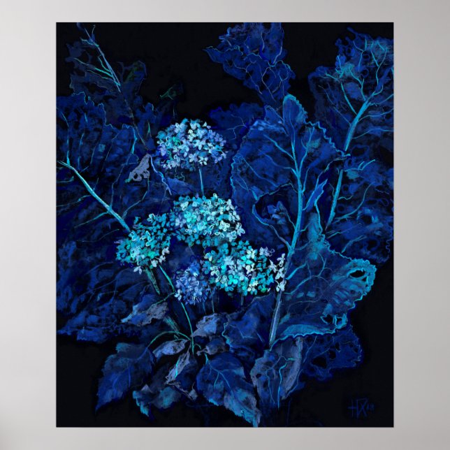 Hydrangea & Horseradish Floral Painting Black Blue Poster (Front)